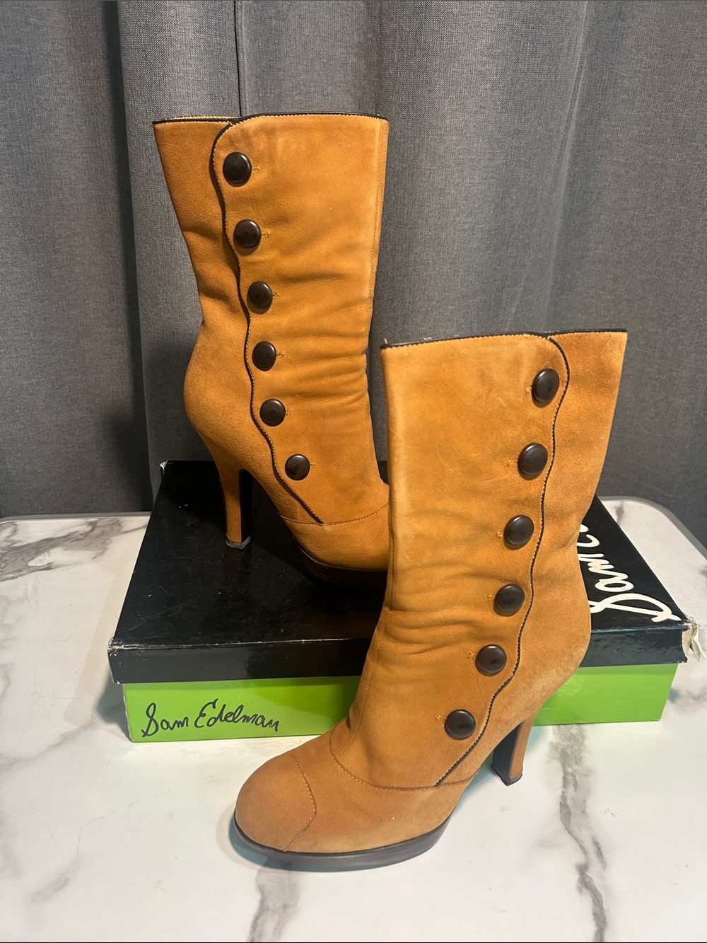Sam Edelman boots size 9 NIB whiskey tan Suede Button-Trim Mid-Calf Heeled Boots